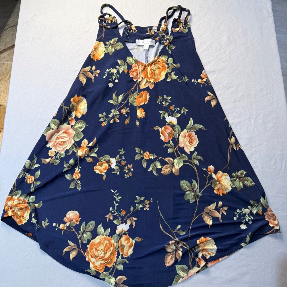 Tutta Bella Maternity Navy Blue Floral Sleeveless‎ Tunic Top with Eyelet Straps
